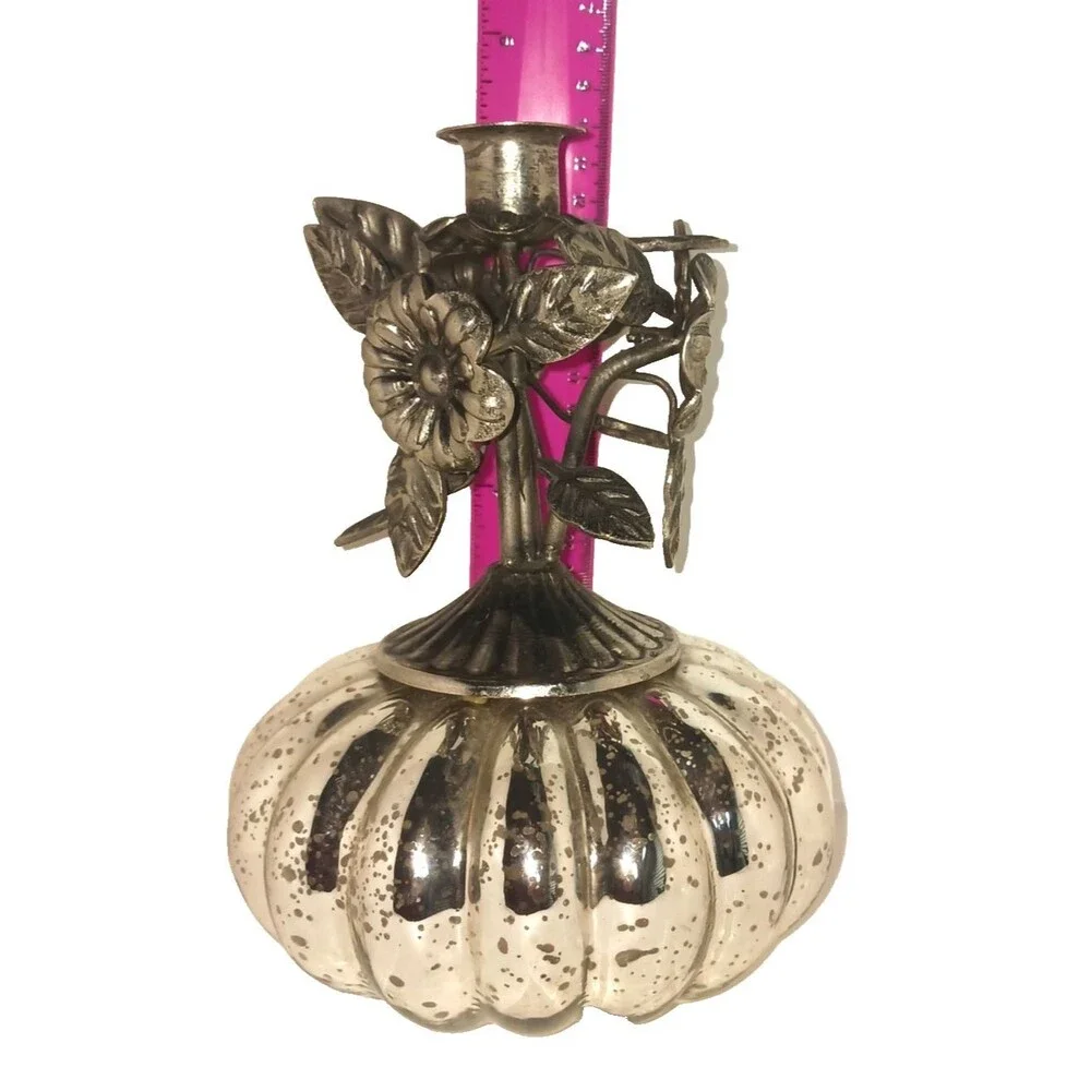 Vintage Rooste Silver Mercury Glass Pumpkin Candlestick Holder Punched Tin 7.75
